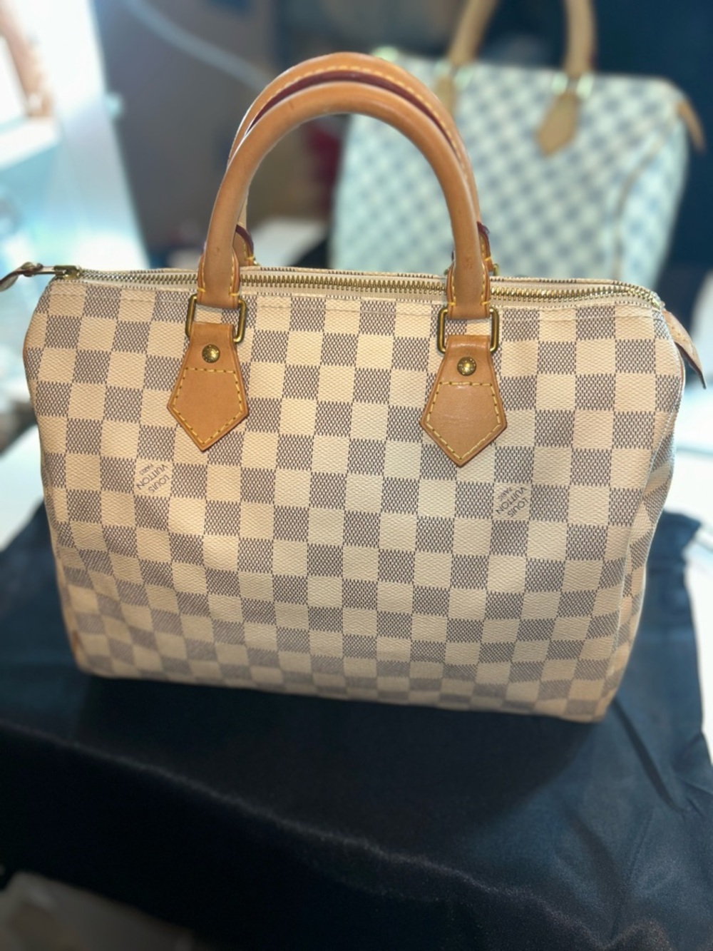Louis Vuitton Damier Azur Checkered Satchel in Beige and Tan - Picture 2 of 10